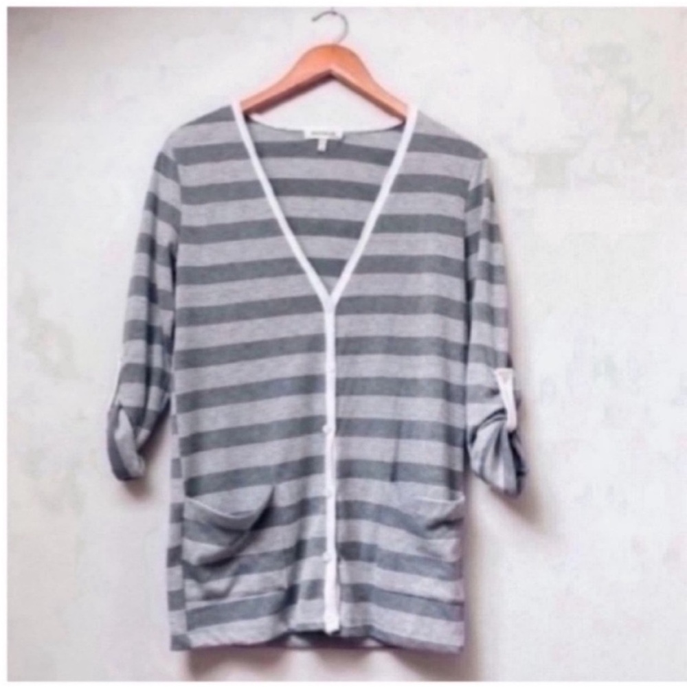 Gray & White Striped Button Cardigan